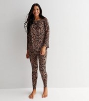 New Look Maternity Brown Soft Touch Legging Pyjama Set with Leopard Print